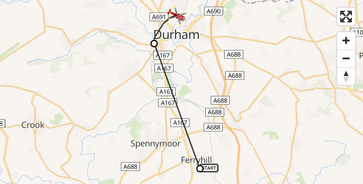 Routekaart van de vlucht: Air Ambulance Helicopter to Pity Me, Edlingham Road