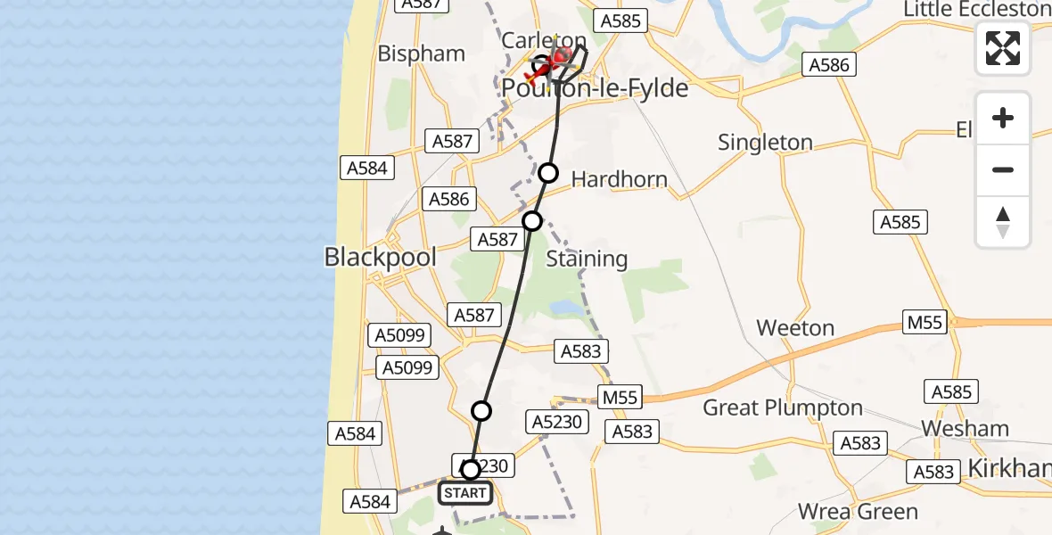 Routekaart van de vlucht: Air Ambulance Helicopter to Carleton, Elderflower Lane