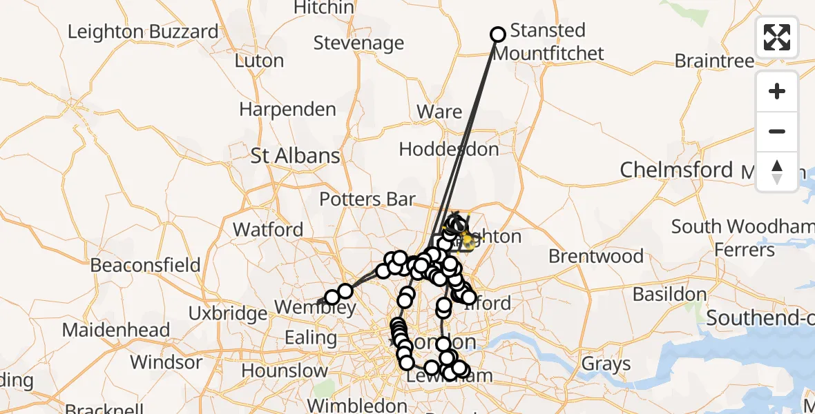 Flight route map: Police Helicopter to Metropolitan Police Air Support Unit Lippitts Hill, Metropolitan Police Air Support Unit Lippitts Hill