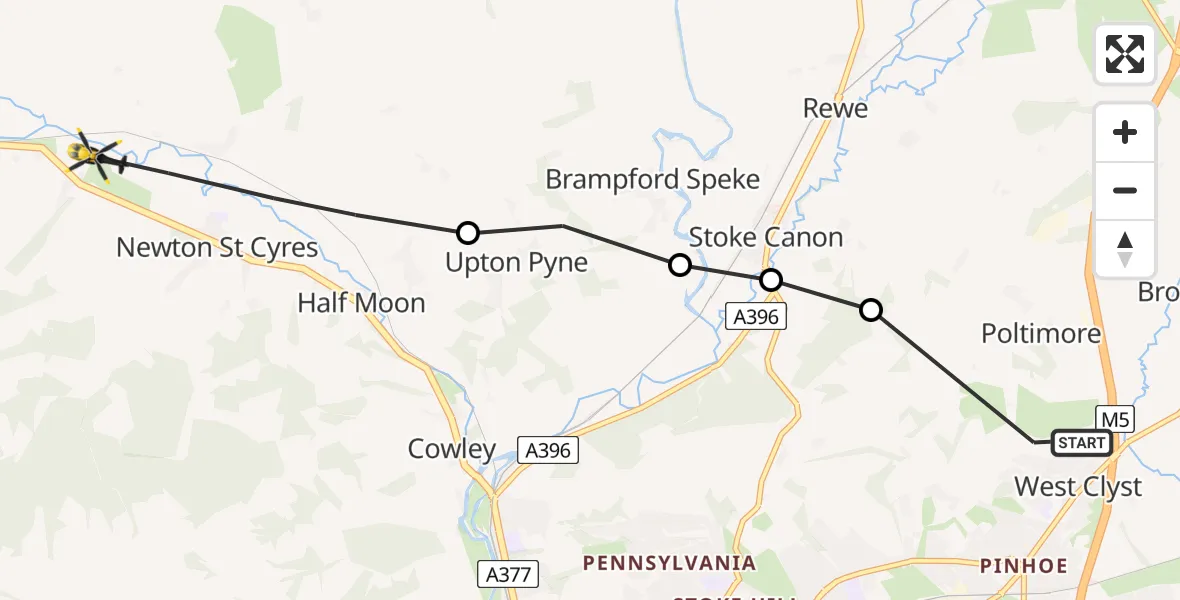 Flight route map: Police Helicopter to Newton St. Cyres, A377