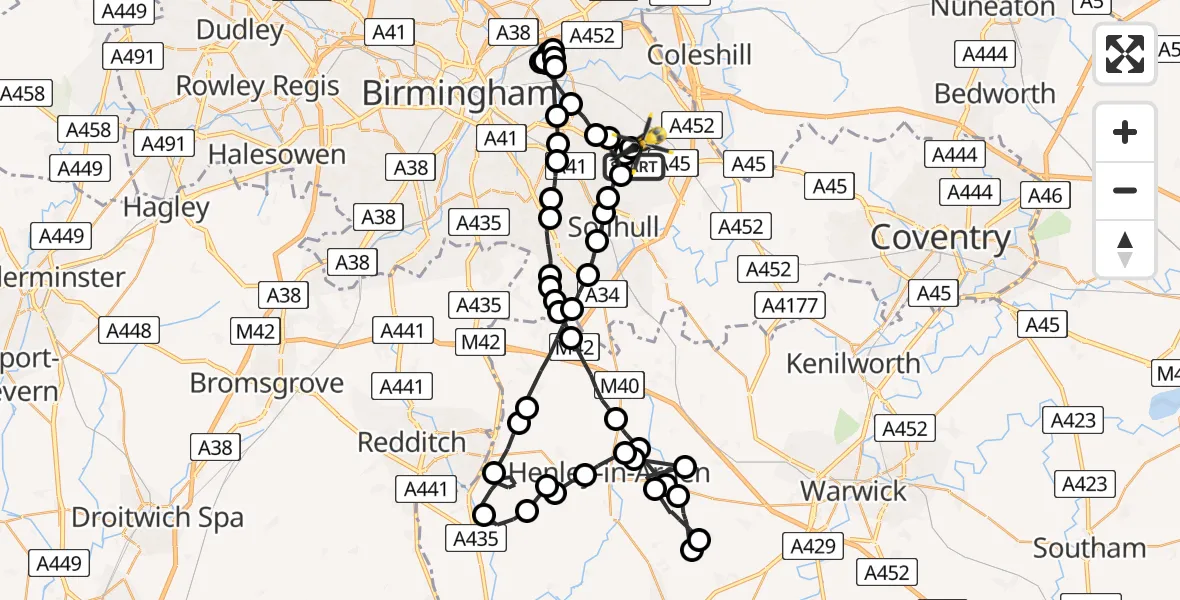 Flight route map: Police Helicopter to Birmingham Airport, Birmingham Airport