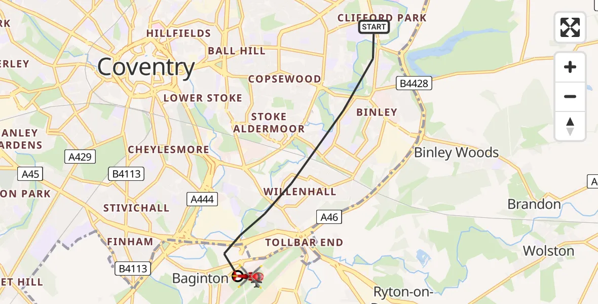 Flight route map: Air Ambulance Helicopter to Coventry Airport, Coventry Airport