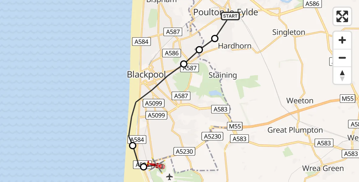 Routekaart van de vlucht: Air Ambulance Helicopter to Blackpool Airport, Blackpool Airport