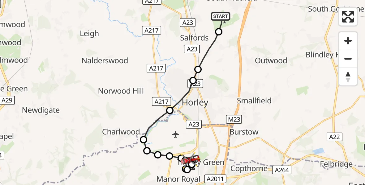 Flight route map: Air Ambulance Helicopter to Tinsley Green, James Watt Way