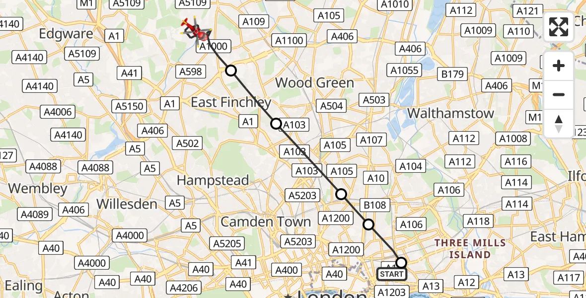 Flight route map: Air Ambulance Helicopter to London Borough of Barnet, Southover