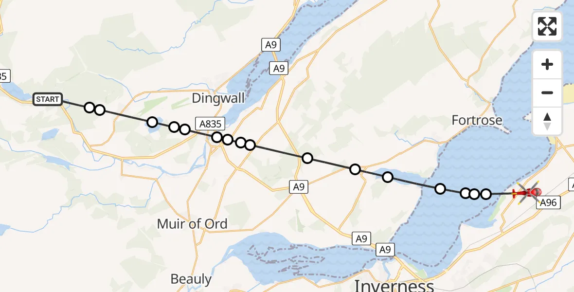 Flight route map: Air Ambulance Helicopter to Inverness, Inverness