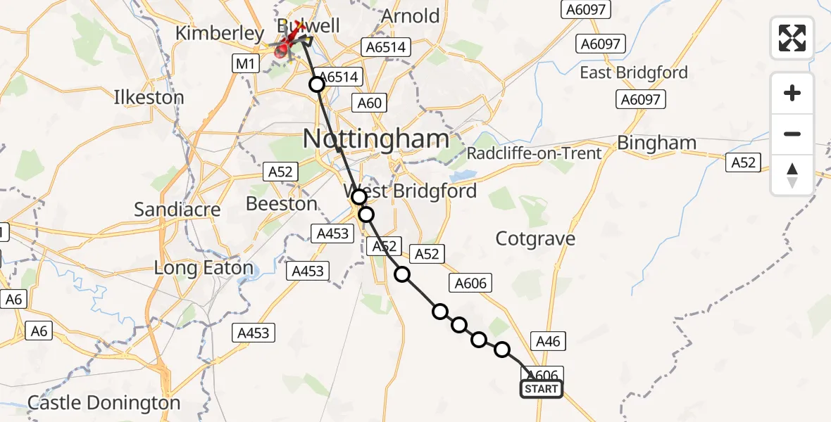 Flight route map: Air Ambulance Helicopter to Bulwell, Mattingly Road