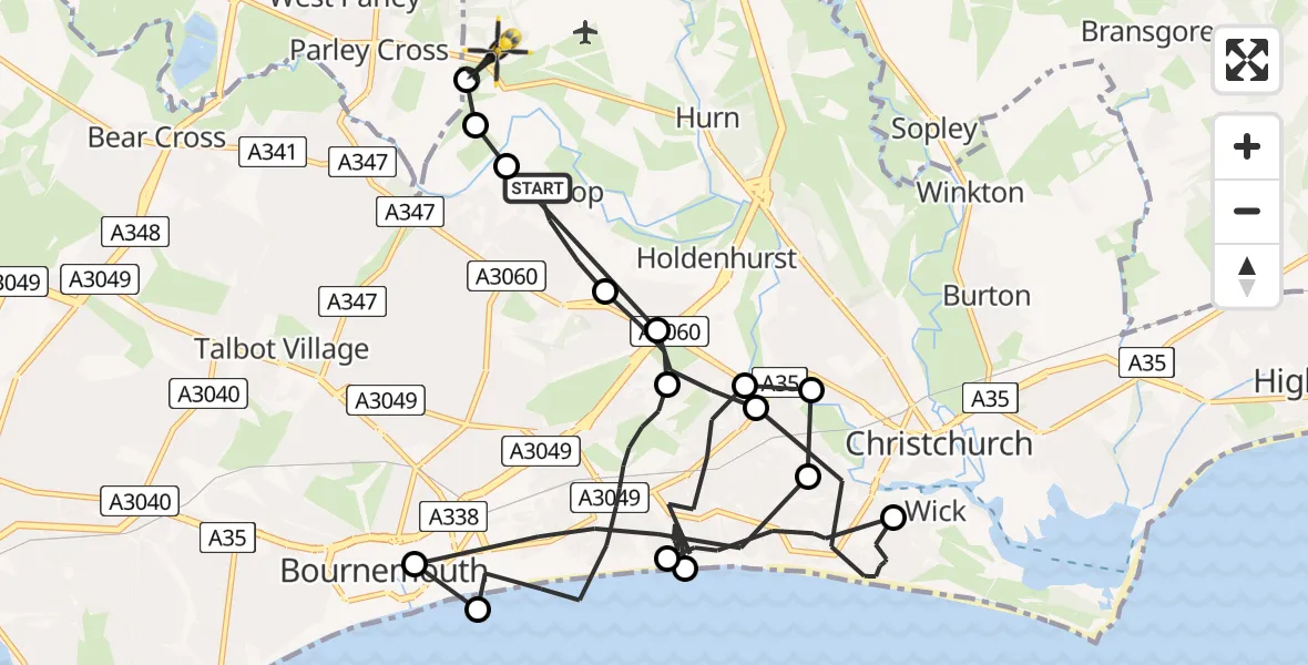 Flight route map: Police Helicopter to Bournemouth Airport, Bournemouth Airport