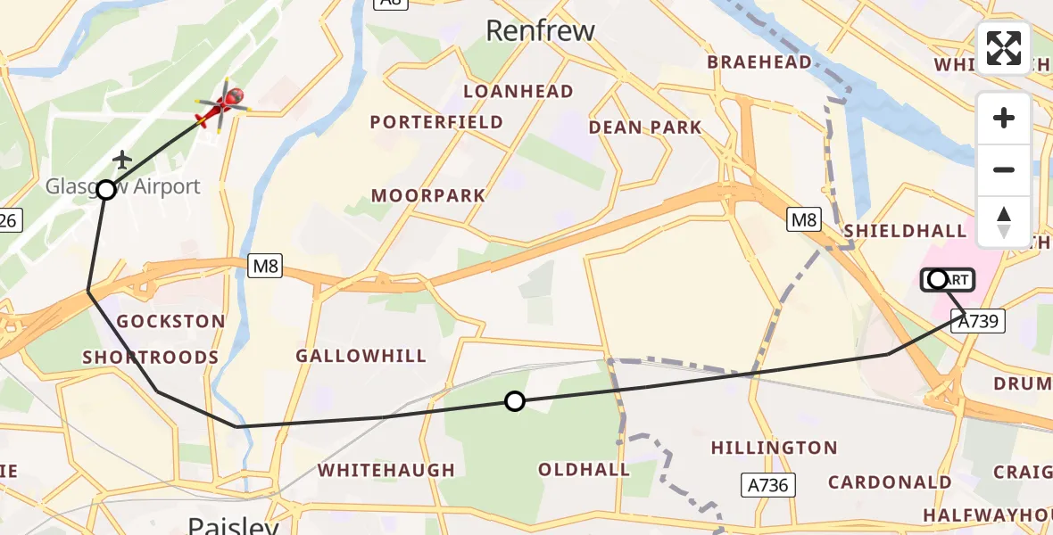 Flight route map: Air Ambulance Helicopter to Glasgow Airport, Glasgow Airport