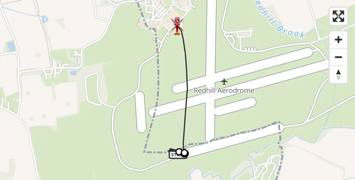 Flight path map showing Air Ambulance Helicopter route from Redhill Aerodrome to Redhill Aerodrome