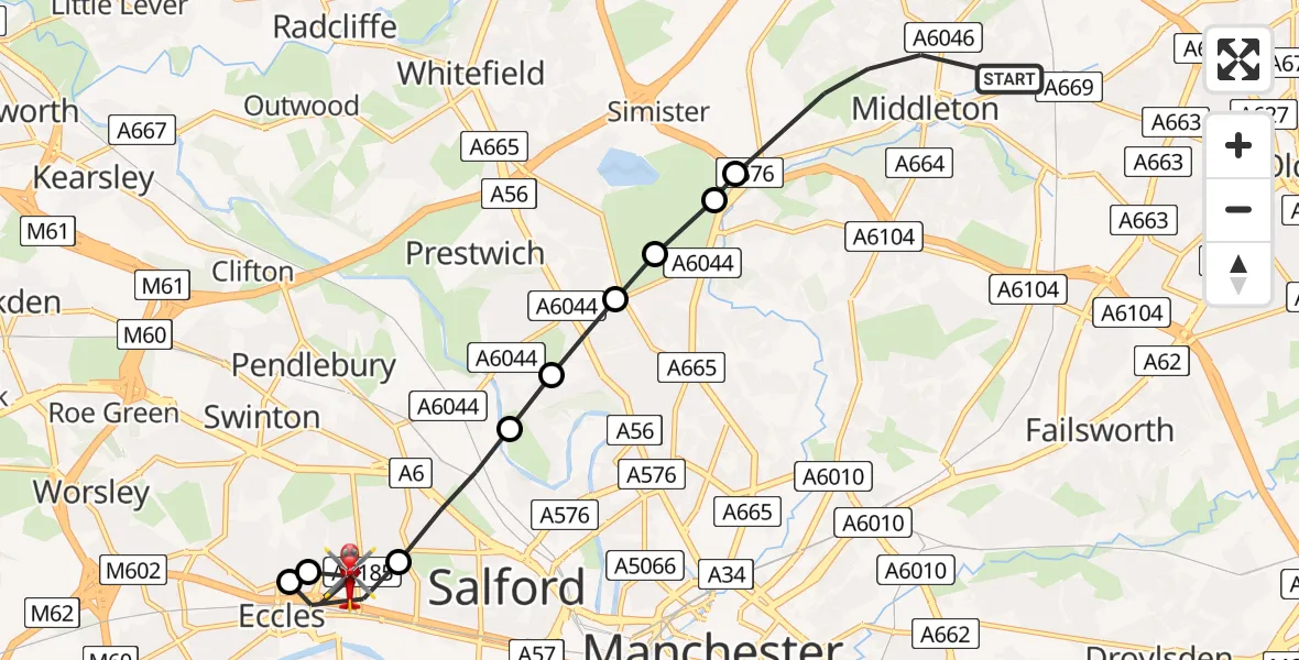 Flight route map: Air Ambulance Helicopter to Eccles, M602
