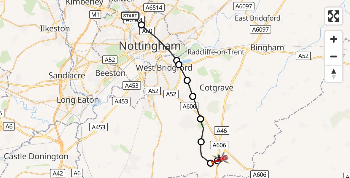 Flight route map: Air Ambulance Helicopter to Nottingham Heliport, Nottingham Heliport