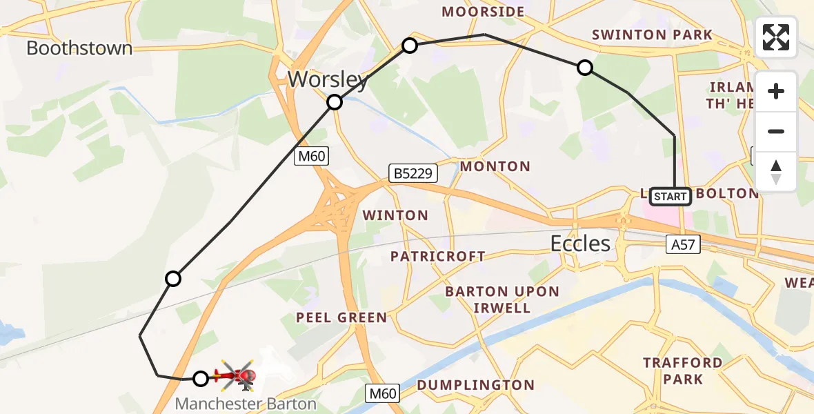 Flight route map: Air Ambulance Helicopter to Manchester Barton Aerodrome, Manchester Barton Aerodrome