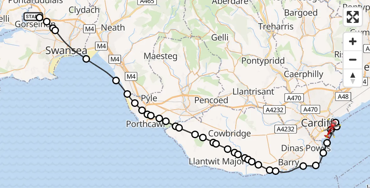 Flight route map: Air Ambulance Helicopter to Cardiff Heliport, Cardiff Heliport