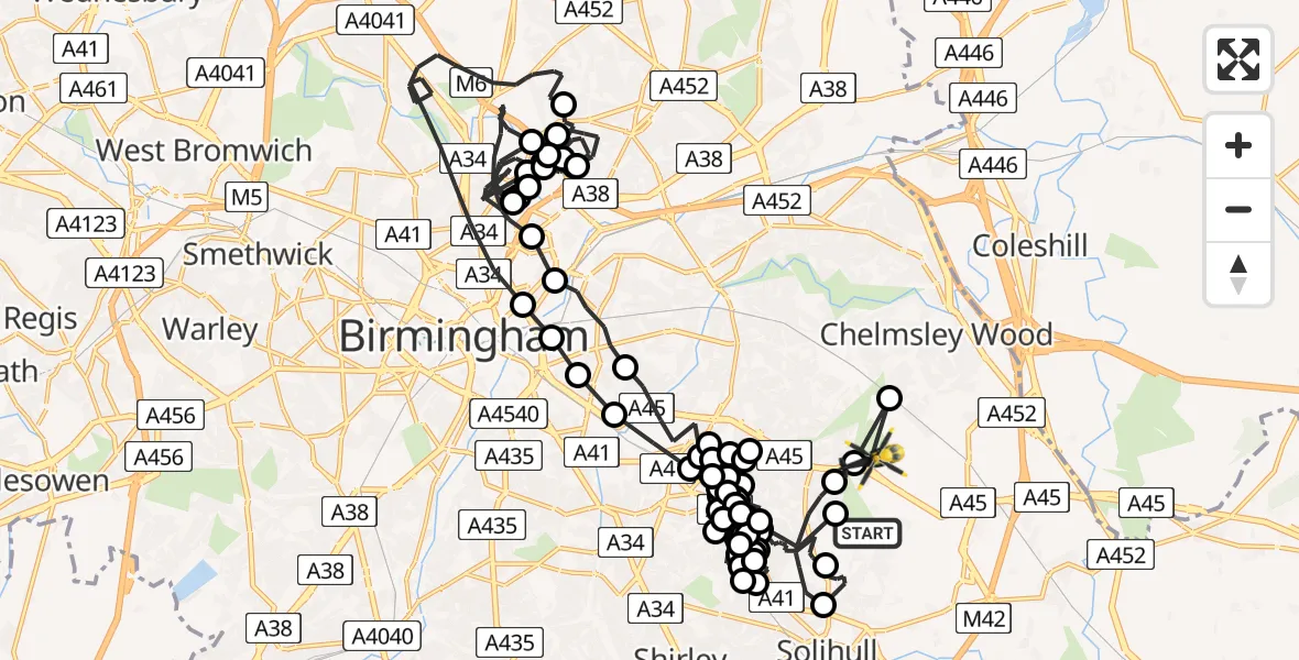 Flight route map: Police Helicopter to Birmingham, Coventry Road