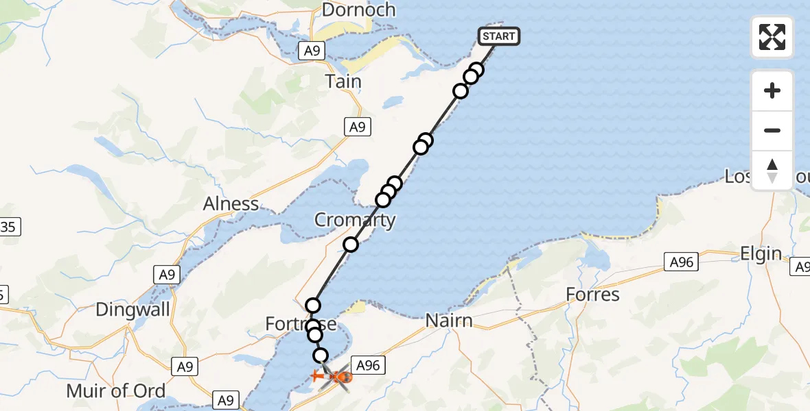 Flight route map: Coastguard Helicopter to Inverness, Dalcross Station Road