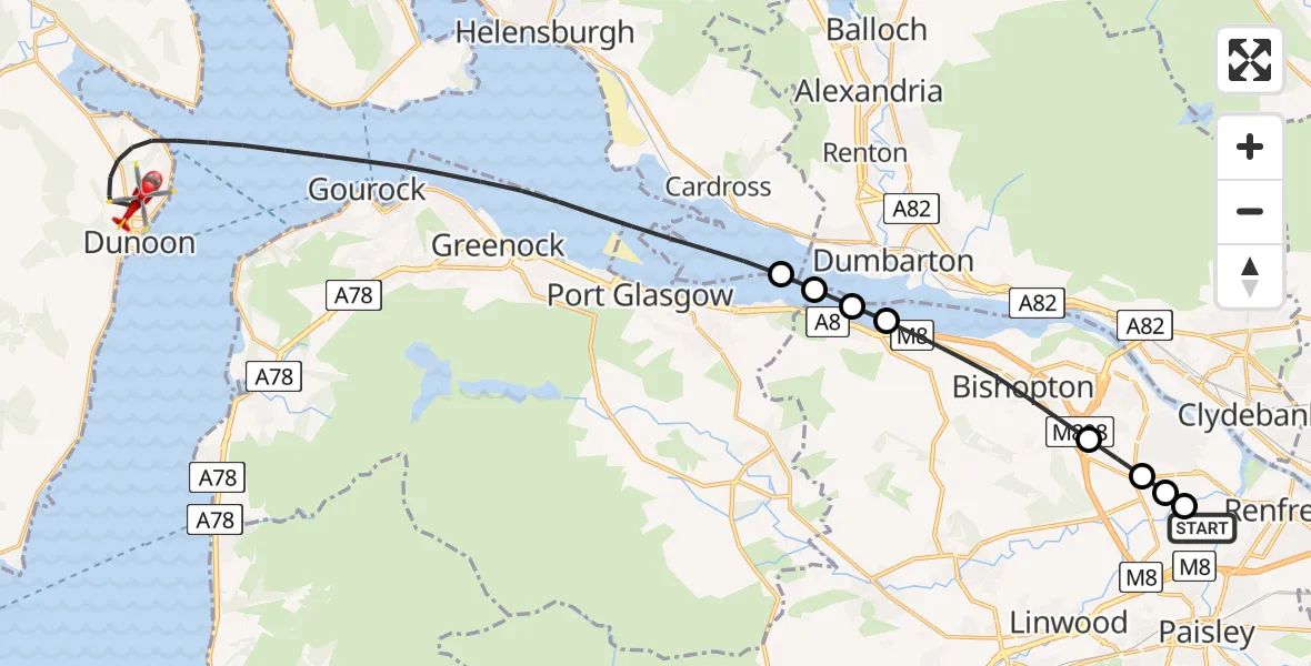 Flight path map showing Air Ambulance Helicopter route from Glasgow Airport to Inner Seas