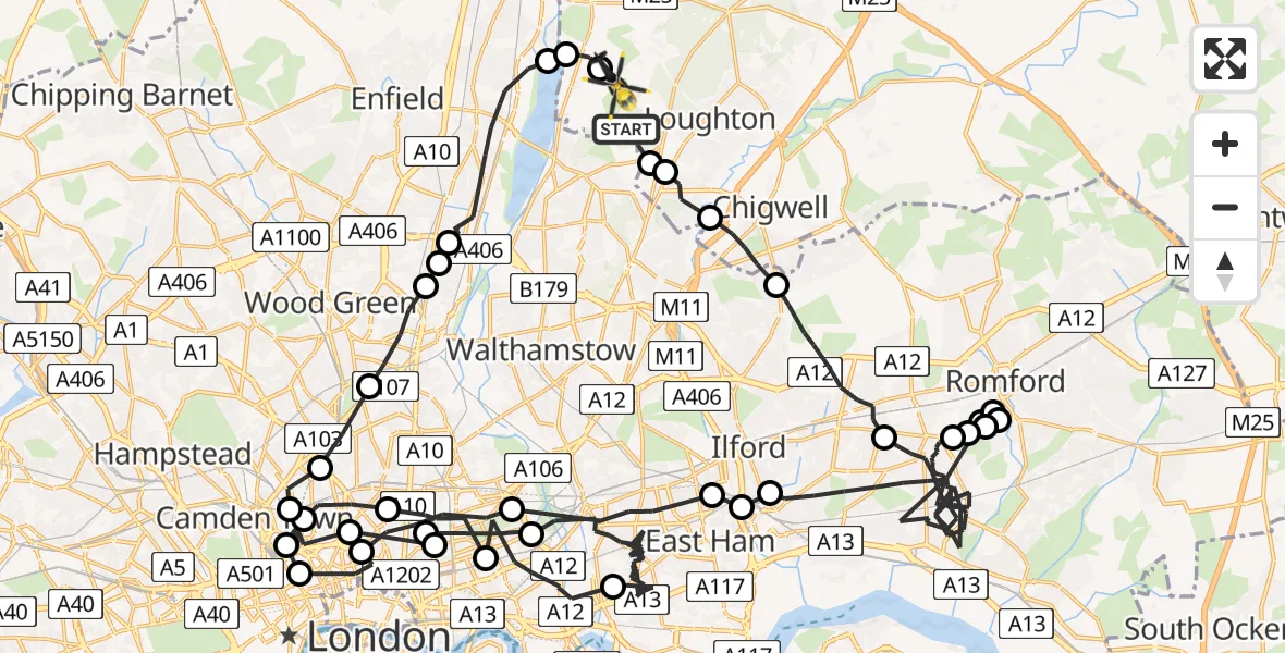 Flight route map: Police Helicopter to Sewardstonebury, Blind Lane