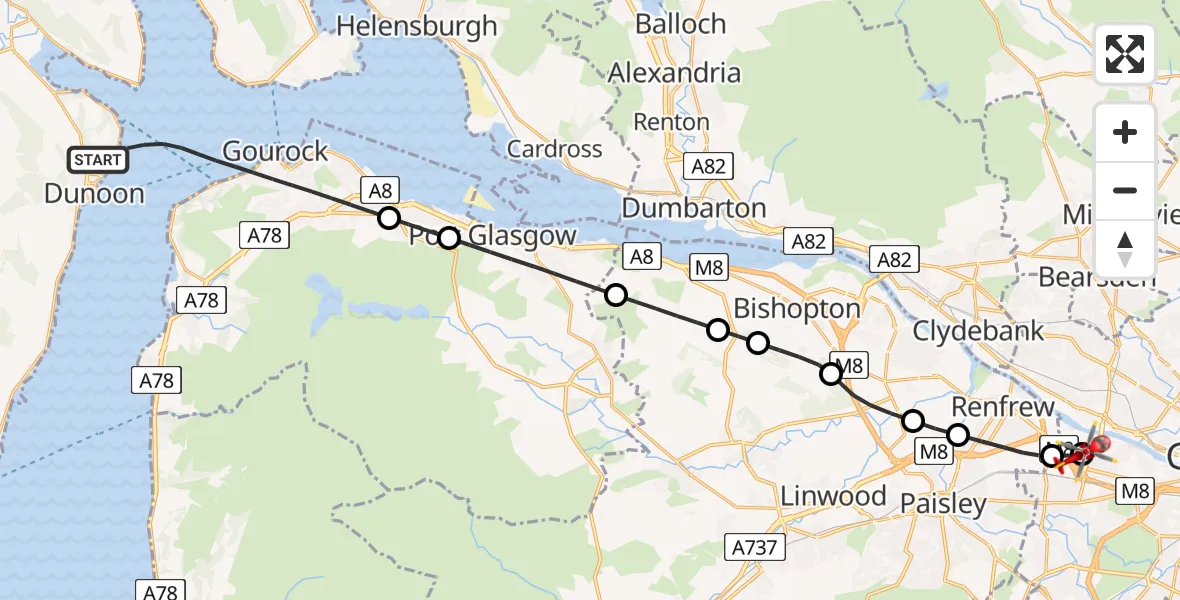 Flight route map: Air Ambulance Helicopter to Queen Elizabeth Hospital, Queen Elizabeth Hospital