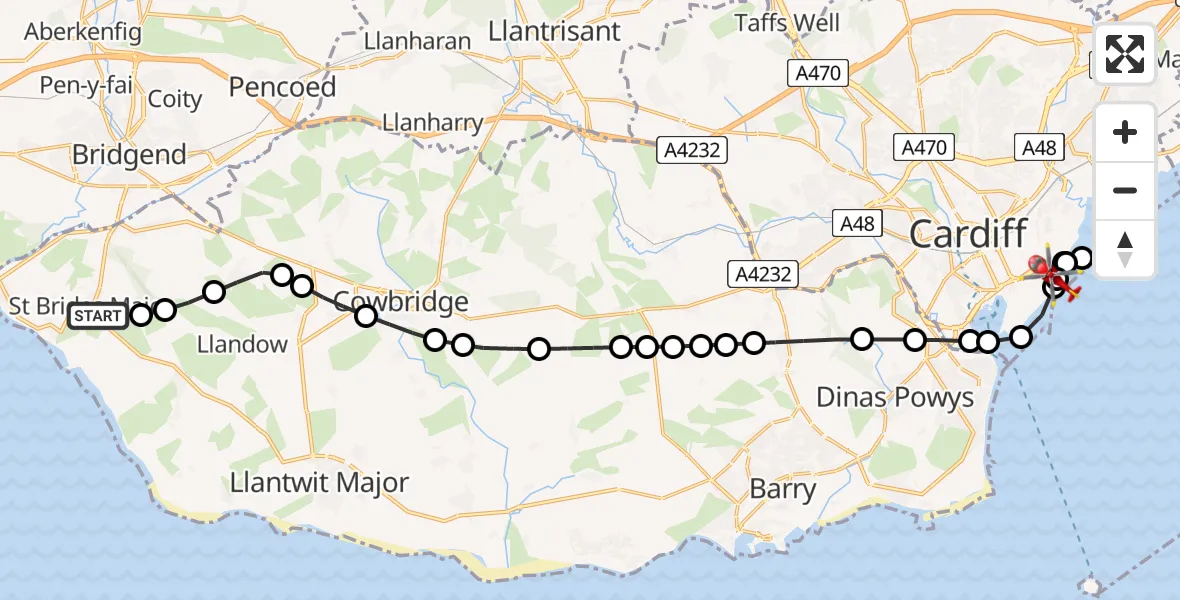 Routekaart van de vlucht: Air Ambulance Helicopter to Cardiff Heliport, Cardiff Heliport