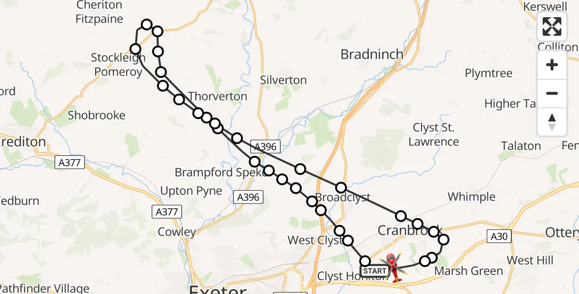 Flight route map: Air Ambulance Helicopter to Exeter International Airport, Exeter International Airport