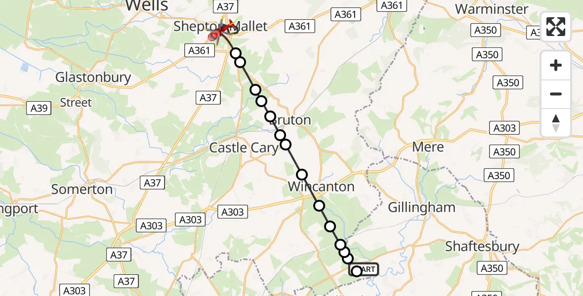Flight route map: Air Ambulance Helicopter to Shepton Mallet, Millennium Way