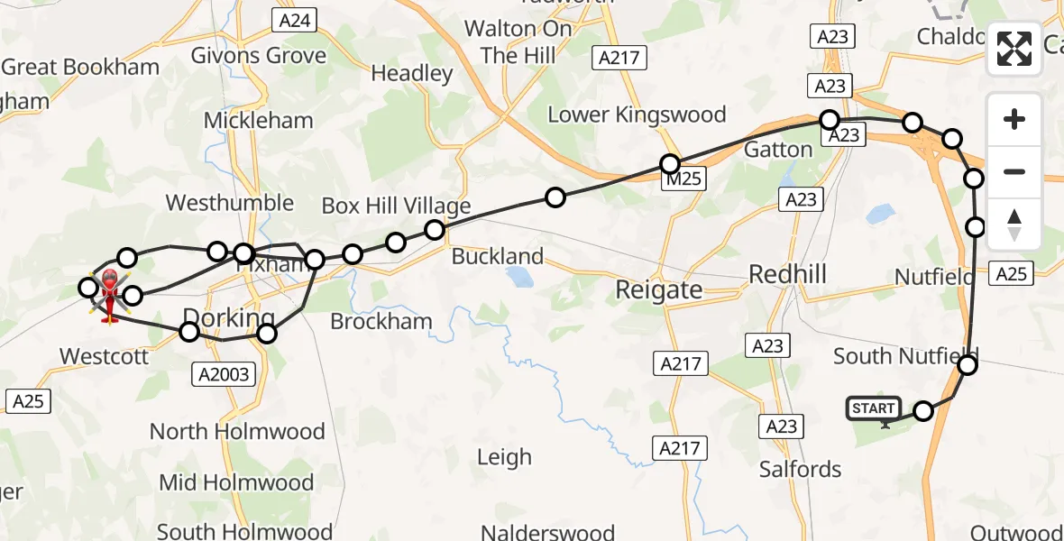 Flight route map: Air Ambulance Helicopter to Westcott, Pilgrims' Way