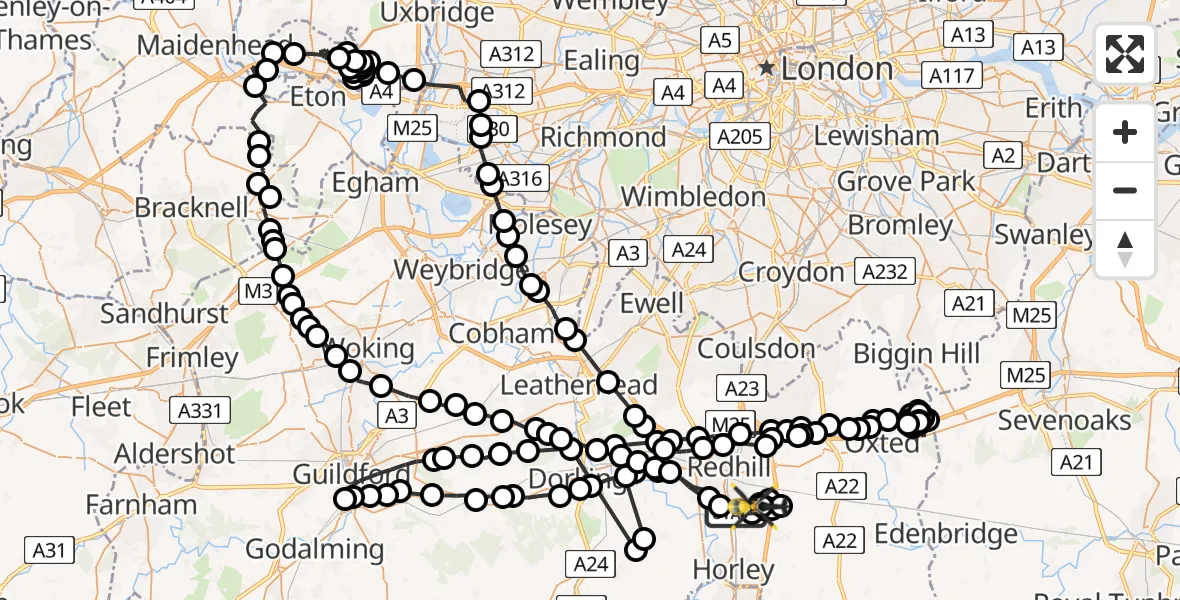 Flight route map: Police Helicopter to Redhill Aerodrome, Redhill Aerodrome