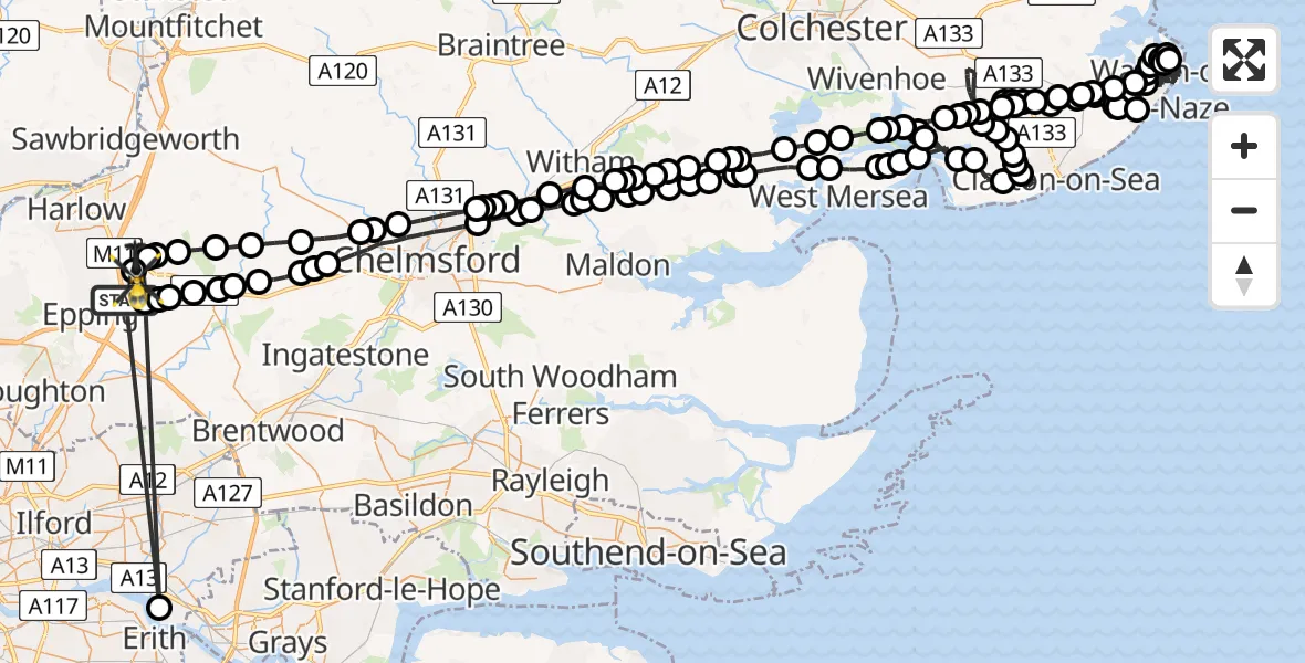 Flight route map: Police Helicopter to North Weald Bassett, Vicarage Lane (West)