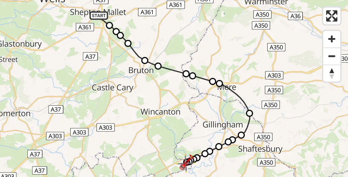 Routekaart van de vlucht: Air Ambulance Helicopter to Henstridge Airfield, Henstridge Airfield