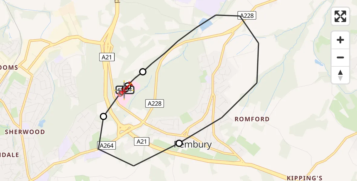 Flight route map: Air Ambulance Helicopter to Tunbridge Wells Hospital Heliport, Tunbridge Wells Hospital Heliport