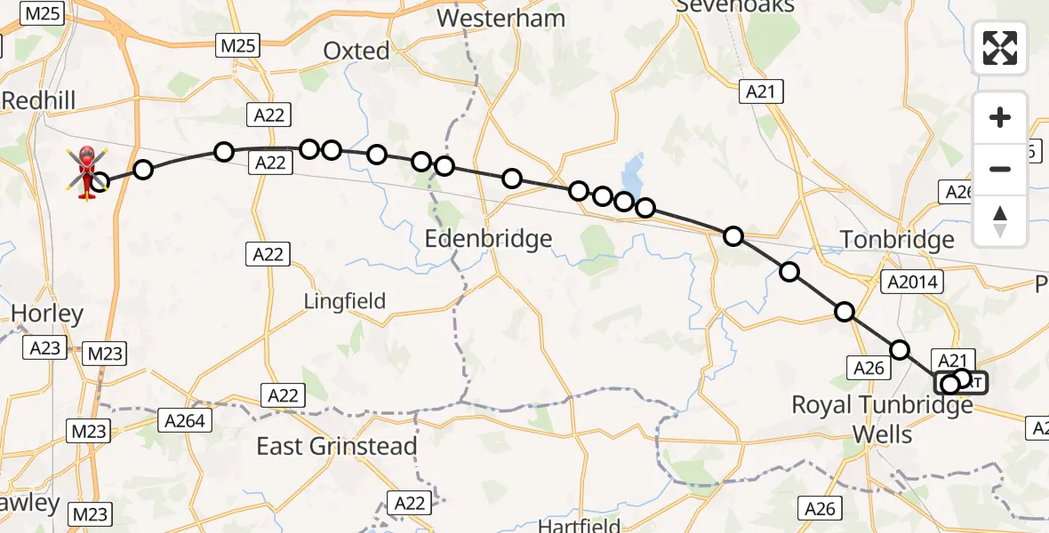 Flight route map: Air Ambulance Helicopter to Redhill Aerodrome, Redhill Aerodrome