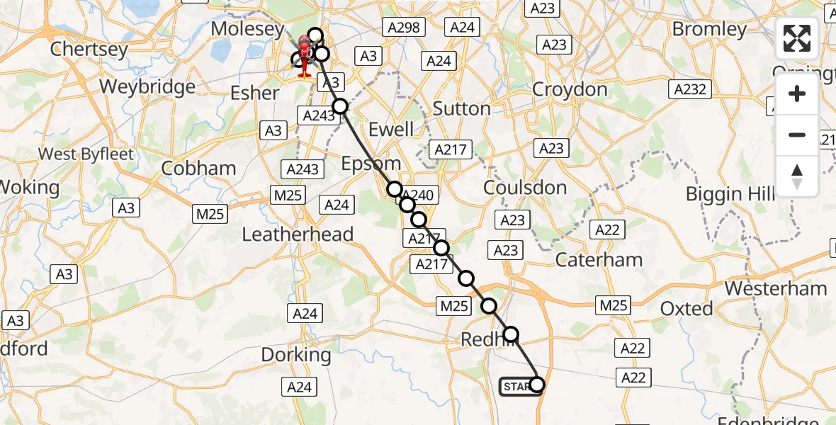 Flight route map: Air Ambulance Helicopter to Elmbridge, Ewell Road