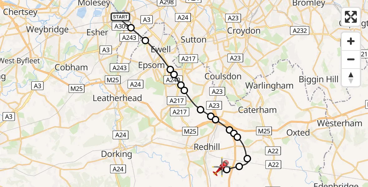 Routekaart van de vlucht: Air Ambulance Helicopter to Redhill Aerodrome, Redhill Aerodrome