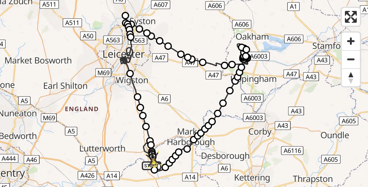 Flight route map: Police Helicopter to Harborough, Sibbertoft Road