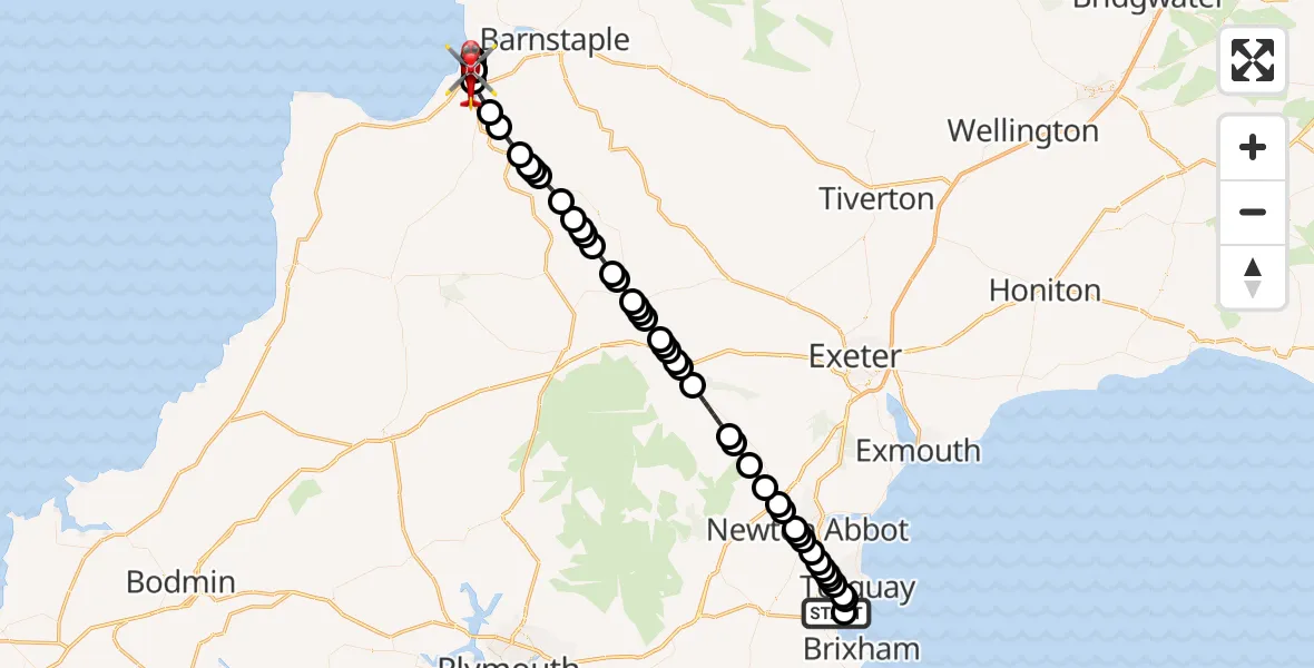 Flight route map: Air Ambulance Helicopter to Northam, Dane Court