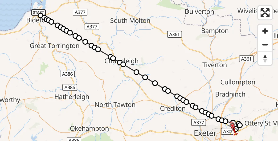 Routekaart van de vlucht: Air Ambulance Helicopter to Exeter International Airport, Exeter International Airport