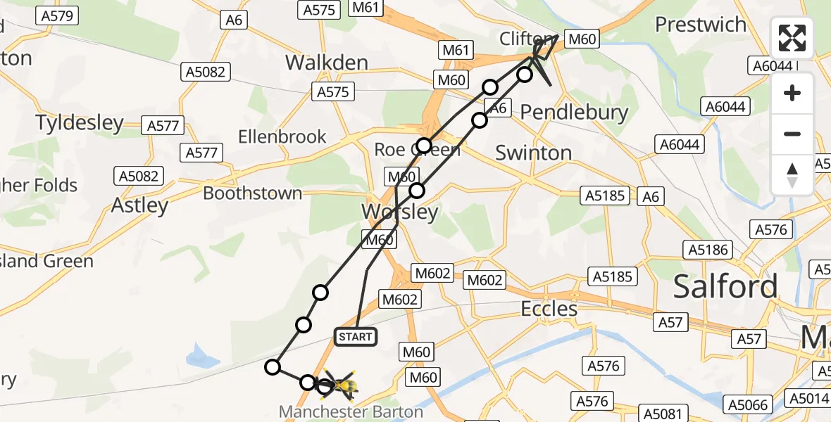 Flight route map: Police Helicopter to Manchester Barton Aerodrome, Manchester Barton Aerodrome