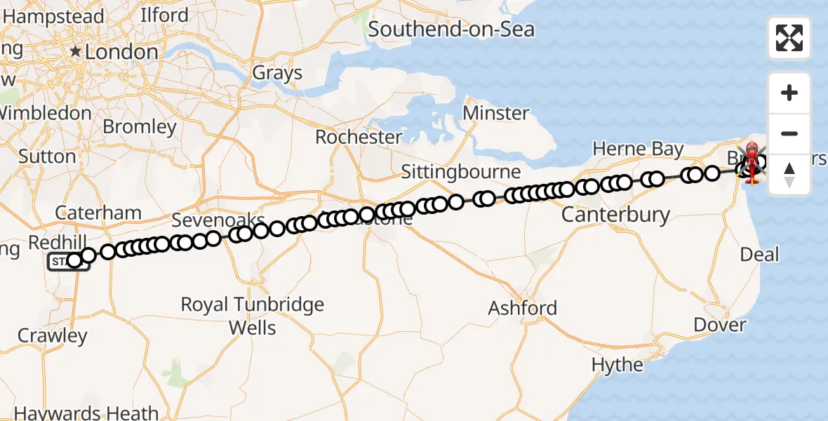 Flight route map: Air Ambulance Helicopter to Manston, Spratling Street