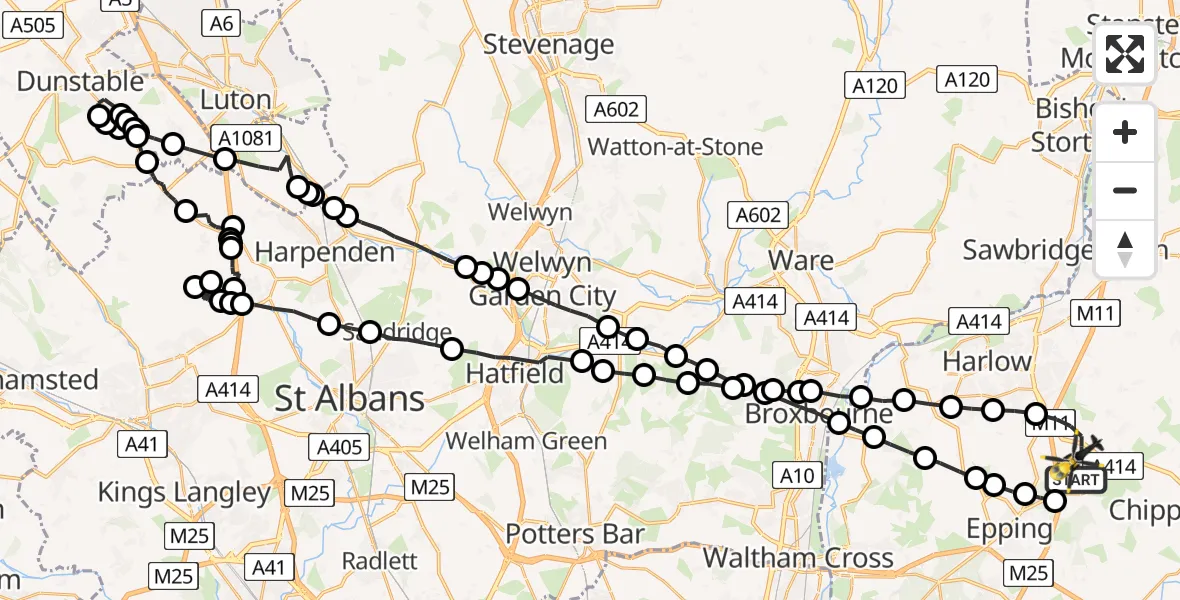 Flight route map: Police Helicopter to North Weald Airfield, North Weald Airfield