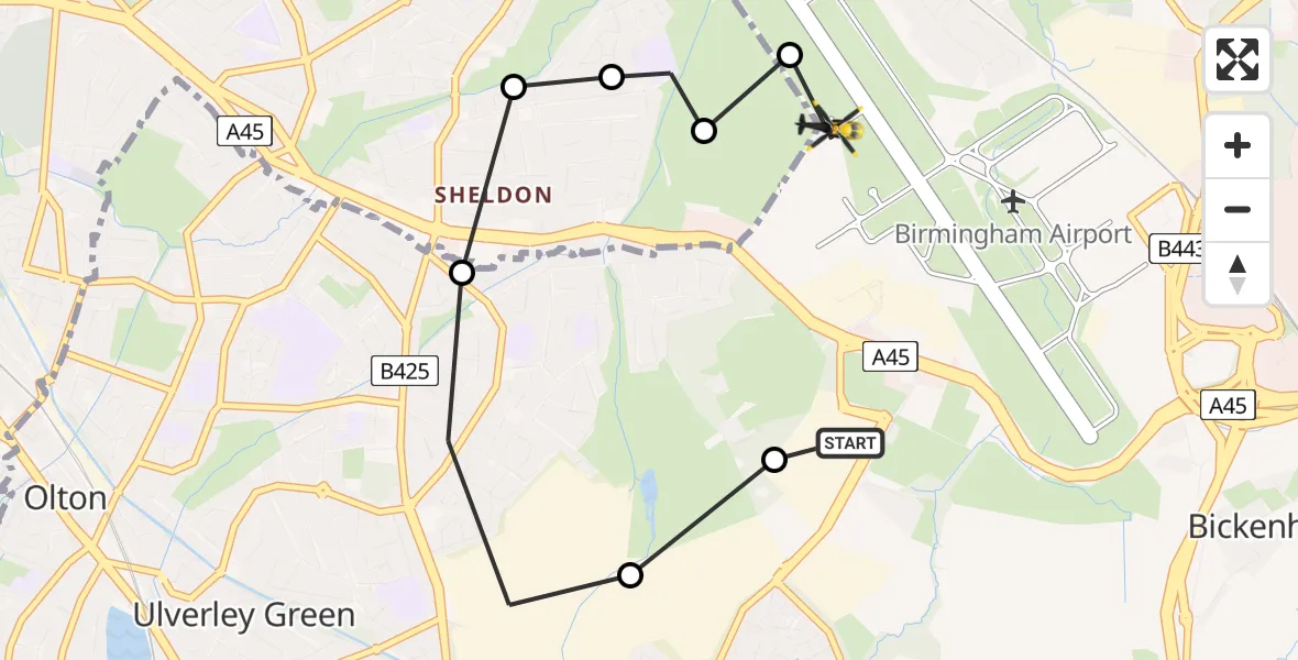 Flight route map: Police Helicopter to Birmingham Airport, Birmingham Airport