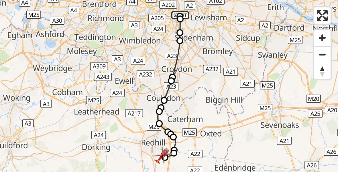 Flight route map: Air Ambulance Helicopter to Redhill Aerodrome, Redhill Aerodrome