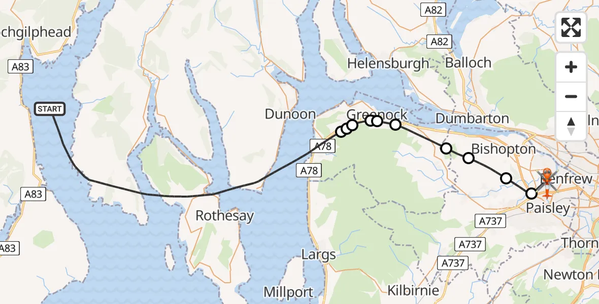 Flight path map showing Coastguard Helicopter route from Inner Seas to Glasgow Airport