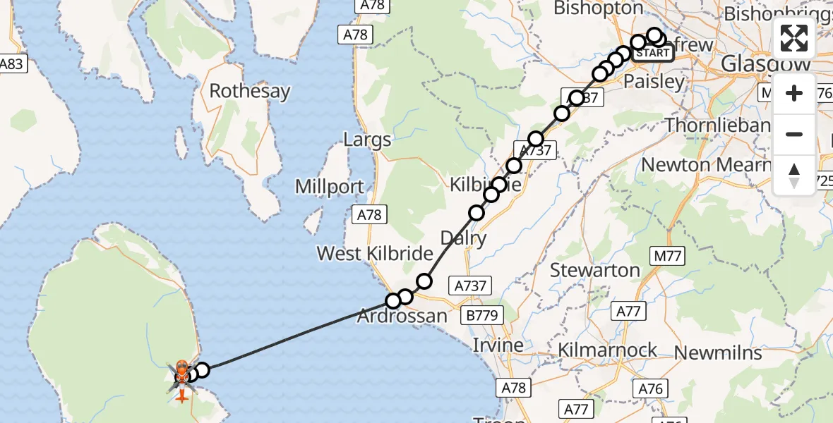 Flight route map: Coastguard Helicopter to Brodick, Fishermans Walk