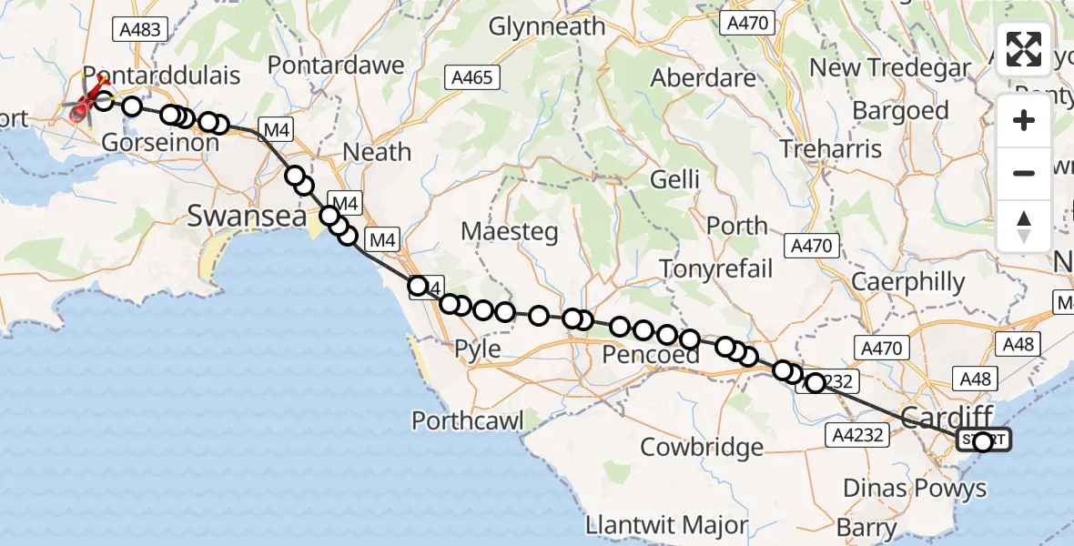 Flight route map: Air Ambulance Helicopter to Dafen, Heol Aur