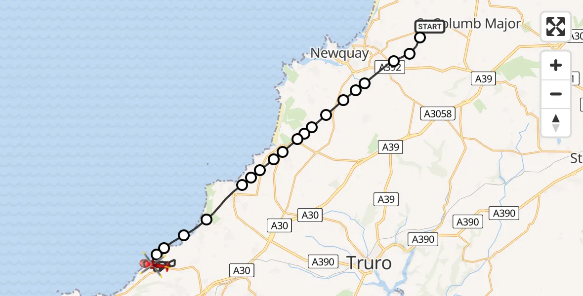 Flight route map: Air Ambulance Helicopter to Redruth, Chynance