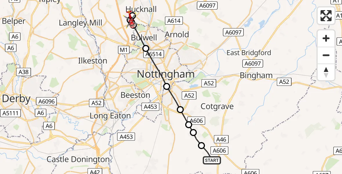 Flight route map: Air Ambulance Helicopter to Hucknall, Astral Grove