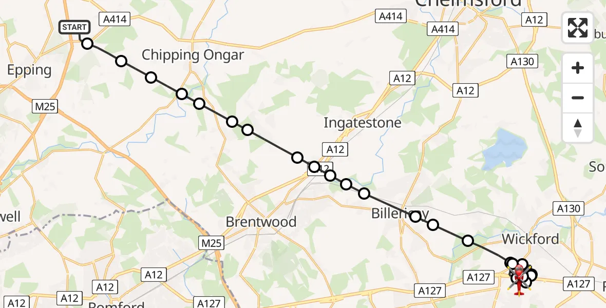 Flight route map: Air Ambulance Helicopter to North Benfleet, Southend Arterial Road