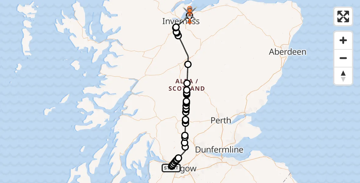 Flight path map showing Coastguard Helicopter route from Glasgow Airport to Inverness Airport