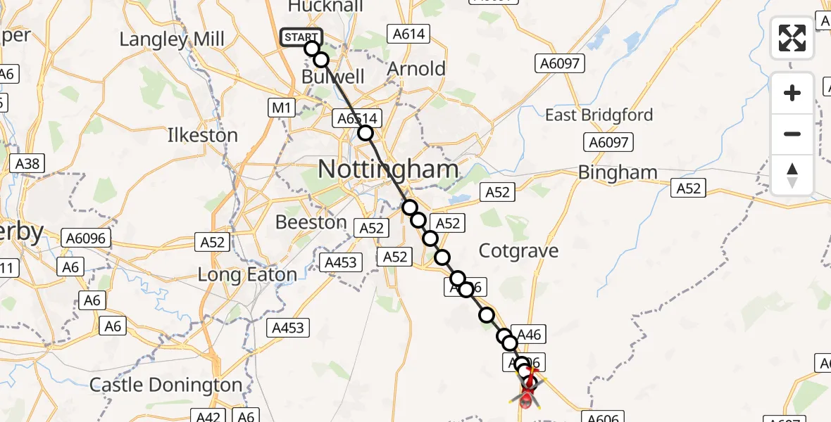 Routekaart van de vlucht: Air Ambulance Helicopter to Nottingham Heliport, Nottingham Heliport